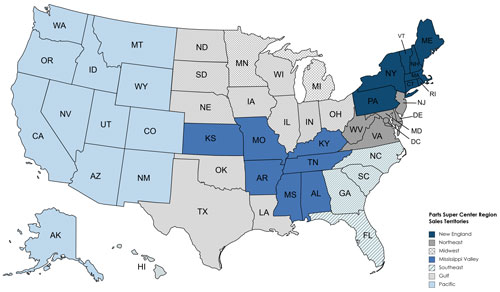 Image of Parts Super Center Sales Region Territories in United States